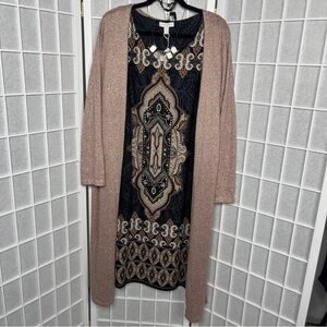 Black & Taupe Patterned Dress with Blush Cardigan